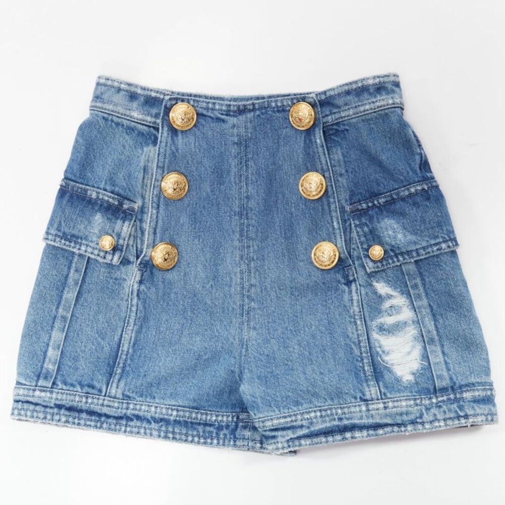 Balmain distressed denim gold buttons high waisted shorts